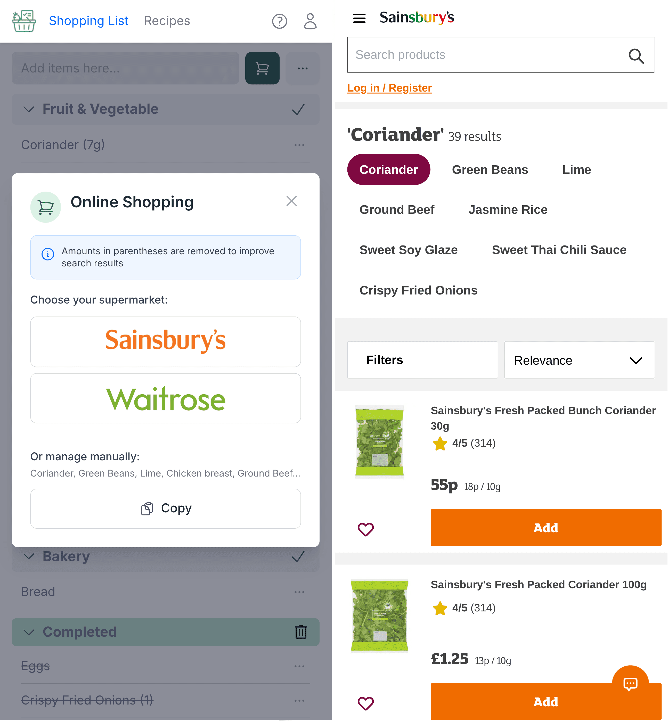 Sainsbury's online shopping interface showing search results for shopping list items