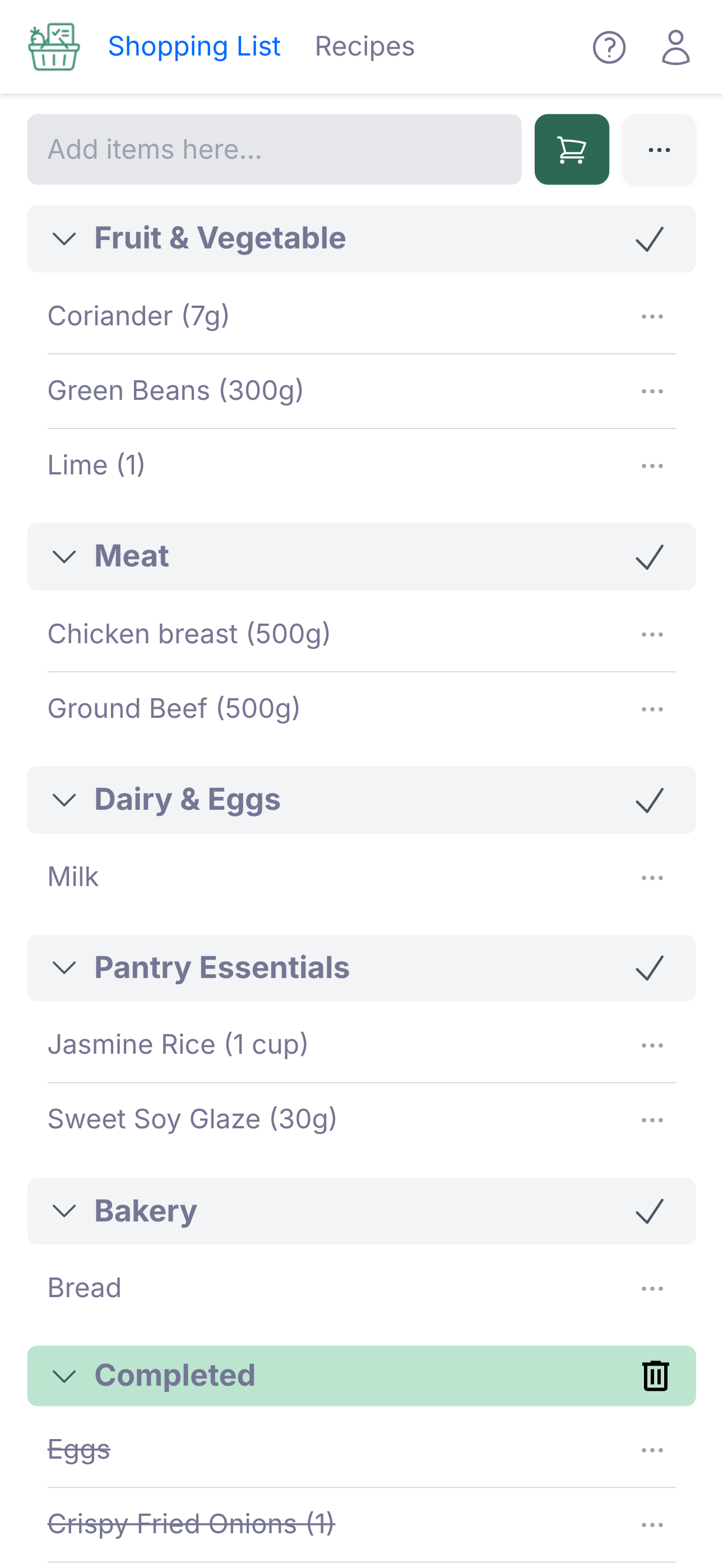 Smart shopping list organized by supermarket aisle